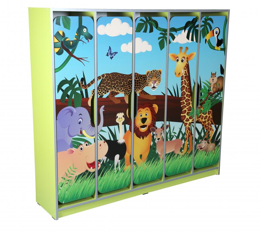 Шафа дитяча 5-місна для роздягальні з фотодруком "Савана", корпус, полиці та дверцята з ламінованої ДСП,(ТОВ ‘’АЛМАНТ’’), 1546х350х1400 мм.